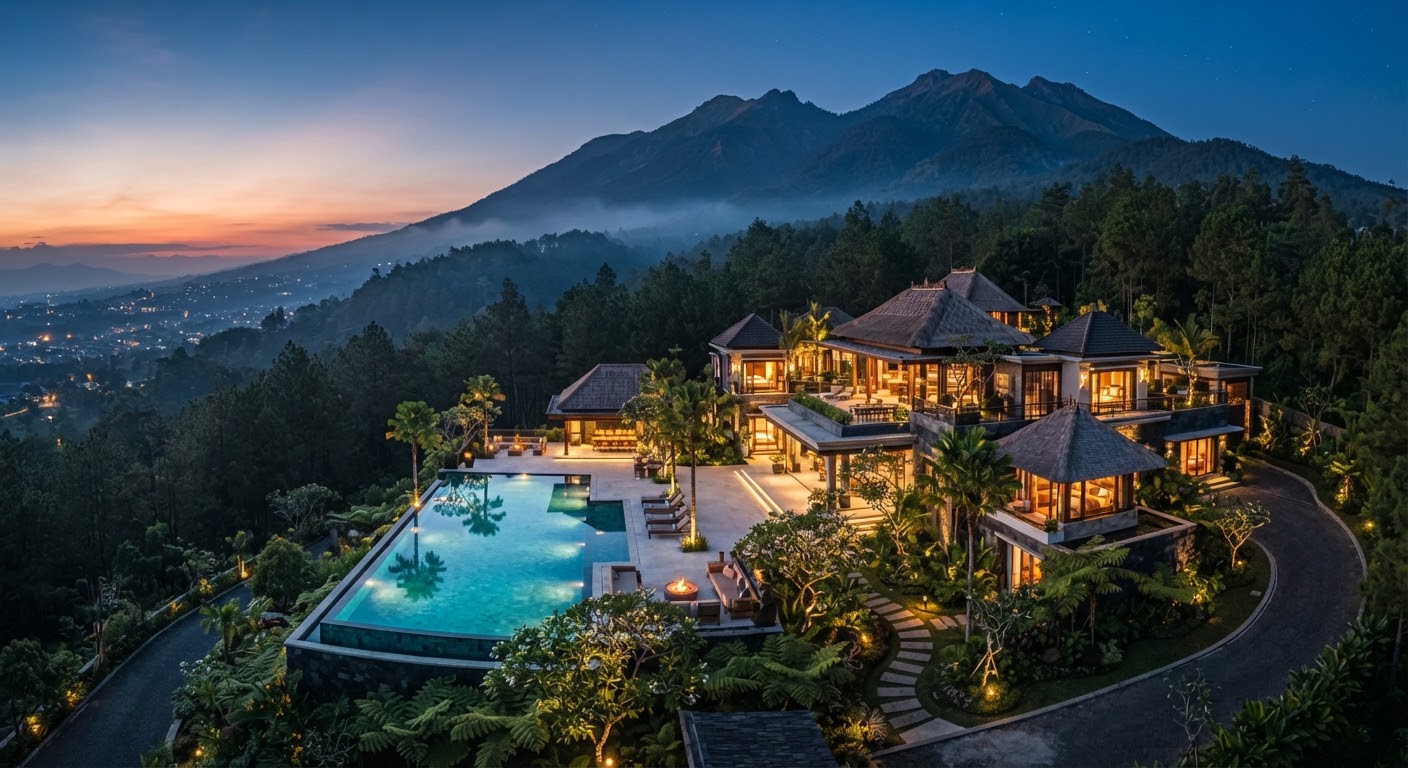Sewa villa private pool dengan pemandangan lereng Gunung Panderman di Kota Batu Malang